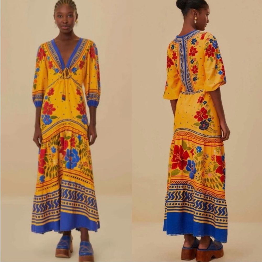 NEW FARM Rio Floral Yard Yellow Maxi Dress Embroidered Eyelet Beaded Tassel XS